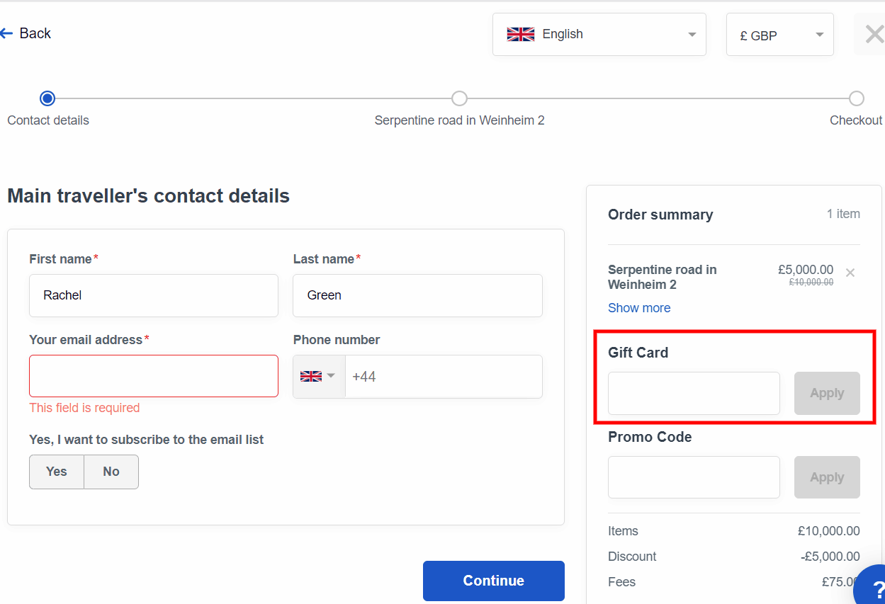 Where to enter the gift card code during checkout